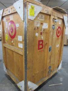 lot 2 image: Huge Wood shipping cabinet with Wheels 60 x 49 x 76