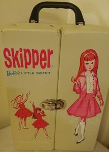 lot 75 image: Vintage Childrens Toys (3) Tom Thumb Cash Reg. (drawer sticks), Skipper Doll Clothing Case and Metal Doll Chair.
