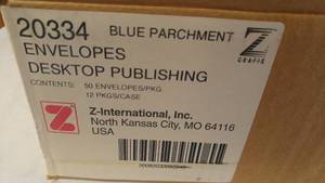 lot 203 image: Blue Parchment Business Office Envelopes (1 case) 600 envelopes total.