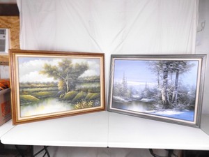 lot 30 image: 2 Large Wood Framed Oil on Canvas Summer and Winter Paintings 