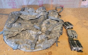 MILITARY RUCKSACK (PACK ONLY) AND 3 PISTOL MAG POUCHES