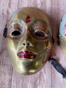 lot 80 image: 2 Brass Hand Painted Wall Mount Masks
