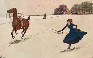 lot 24 image: Flyaway, Bay Gelding, Age 7. Color and Ink Drawing by Thackeray Edwards