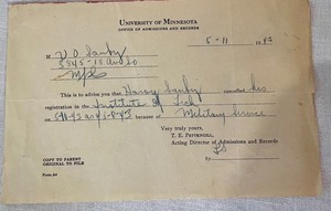lot 192 image: 1943 University of Minnesota Cerificate (Honoring the students who were leaving school to serve in WWII)