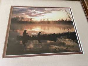 lot 291 image: Man and Companion Sunset Fishing Framed Print