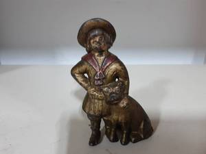 lot 25 image: Vintage Cast Iron Buster Brown & Tige (Gold & Red Paint) Still Bank 5