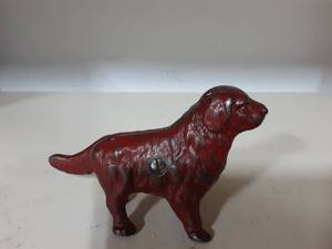 lot 27 image: Antique Cast Iron Bank From Arcade-Red Newfoundland Dog Still Bank 3 With Original Screw & Paint 8x3-38 Long