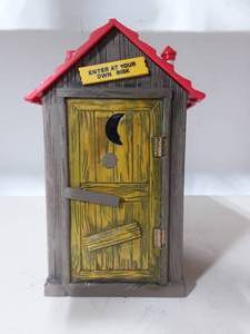 lot 37 image: Vintage Funrise Bank 1996 Animated With Sound Outhouse Works 5x5x9 Mint Condition