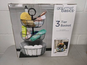 lot 73 image: Gourmet Basics by Mikasa Round Wrap 3-Tier Metal FruitHome Storage Basket