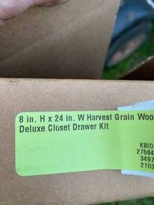 lot 46 image: 8X24 Harvest grain wood deluxe closet drawer kit Brand new all parts there