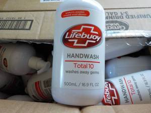 lot 394 image: Box of 16.9 oz Bottles LifeBuoy Han...