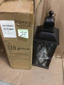 lot 23 image: Glitzhome Black Farmhouse Wooden Lantern With Diamond Window Frame Customer Returns See Pictures