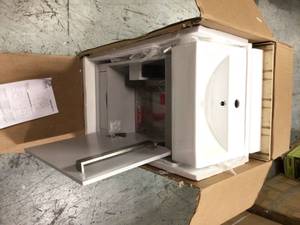 lot 105 image: Maelynn 18 in. W x 12 in. D Vanity in Dove Grey with Ceramic Vanity Top in White with White Sink and Mirror by Home Decorators Collection