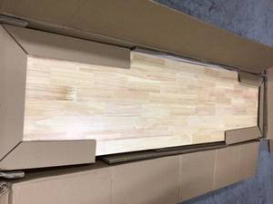 lot 111 image: Ready-to-Assemble 8 ft. Adjustable Height Solid Wood Top Workbench in Black by Husky