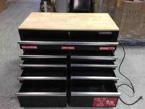46 in. W x 24 in. D 9-Drawer Gloss Black Deep Tool Chest Mobile Workbench with Hardwood Top by Husky
