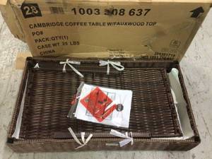 Hampton Bay Cambridge Brown Rectangular Wicker Outdoor Patio Coffee Table with Faux Wood Table Top Customer Returns See Pictures&nbsp