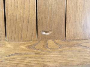 lot 7 image: European 48 in. x 32 in. Folding Chestnut Wood Patio Dining Table slight damage see pictures