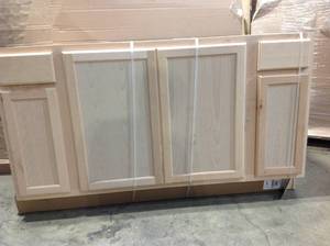 lot 20 image: Hampton Bay Hampton Unfinished Beech Recessed Panel Stock Assembled Sink Base Kitchen Cabinet (60 in. x 34.5 in. x 24 in.) see pictures