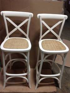 lot 33 image: Lot of 2 Mavery Patina Oak Finish Wood Bar Stool with Woven Seat and Cross Back (18 in. W x 43.31 in. H) see pictures