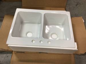 lot 213 image: Josephine Quick-Fit Drop-in Farmhouse Fireclay 33.85 in. 3-Hole Double Bowl Kitchen Sink in Crisp White by SINKOLOGY