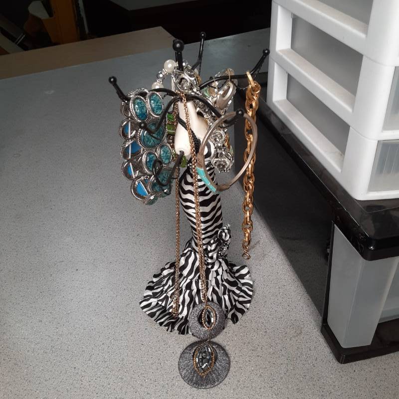 (2) Small Plastic Storage Container and Doll Style Jewelry Tree with Jewelry See Photos