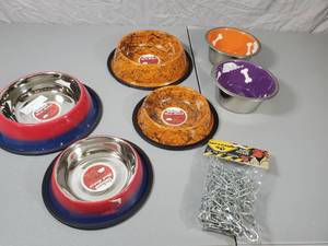 lot 68 image: 6 New Stainless Steel Pet Bowls and New Tie Out