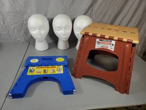 lot 95 image: 2 New Folding Step Stools and 3 Strofoam Display Heads