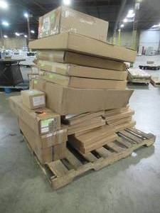 lot 328 image: WHOLESALE MIXED PALLET OF MISCELLANEOUS CABINET BUILDING MATERIALS AND HOME DECOR