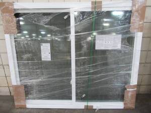 lot 507 image: Simonton Sliding Window 6500 Series, White Vinyl, With Screen, Dual Cam Locks, 69 58 x 57 34 x 3 12.