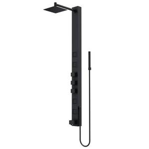 lot 230 image: VIGO Bowery 58 in. x 4 in. 4-Jet High Pressure Shower Panel System with Square Rainhead and Tub Filler in Matte Black, VG08019MB.