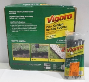 lot 332 image: Vigoro 20 ft. x 2.25 in. Black Scalloped Polyethylene No-Dig Edging with Anchoring Spikes