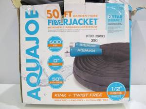 lot 390 image: Aqua Joe 12 in. Dia x 50 ft. Flexible Kink-Free Fiberjacket Garden Hose, Metal Fittings