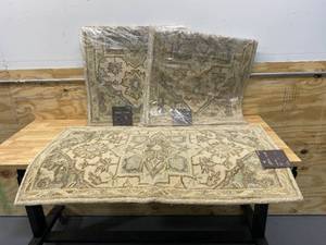 lot 72 image: ALLEN  ROTH Lot of 3- Brookford 2 x 4 Ivory Soft Green Medallion Oriental Handcrafted Throw Rugs