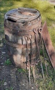 lot 9 image: Large Wood Barrel, Metal Grate, and...