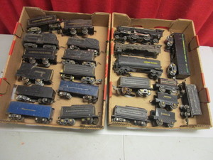 VINTAGE AMERICAN FLYER TIN O GAUGE TRAIN CARS, TENDERS, #545 LOCOMOTIVE