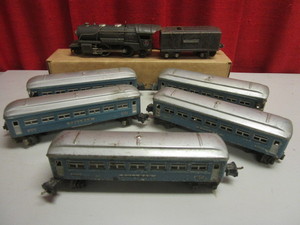 VINTAGE LIONEL TIN O TRAIN CARS, #259E ENGINE, TENDER, PULLMAN, OBSERVATION CARS