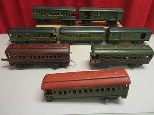 VINTAGE AMERICAN FLYER TIN O PULLMAN TRAIN CARS, ILLINI, COLUMBIA, POST OFFICE
