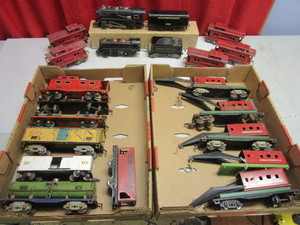 VINTAGE AMERICAN FLYER TIN O TRAIN CARS, ENGINES, TENDERS, CRANES, CABOOSES