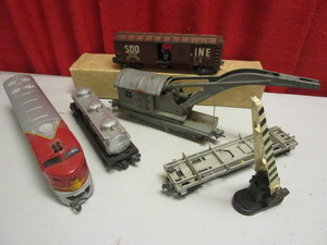 VINTAGE LIONEL SOO LINE CAR W ACTIVATED MAN, OTHER LIONEL CARS, CRANE CAR, RIVAROSSI SANTA FE ENGINE