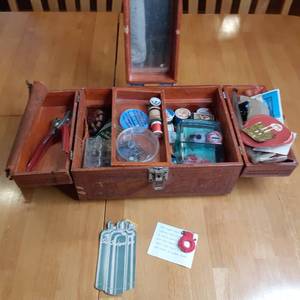 lot 23 image: Antique wood Sewing box with brass ...