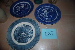 lot 627 image: (3) plates. (2) crocks, (3) vintage...