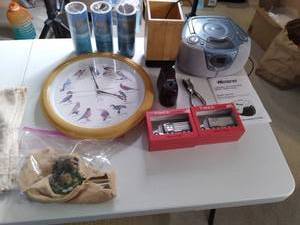 lot 760 image: Assortment of home decor including Wall clocks, corner shelves, lamps and more see pics for detail on whats included