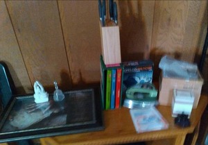 lot 766 image: Random household products and supplies along with a boxed set (3 out of 4 pcs) books from The Wonderful World of Walt Disney.