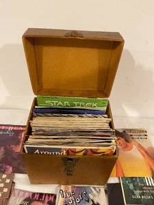 lot 144 image: Several 1980s  45s Records in a Wooden Storage Case
