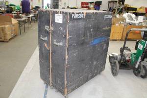 lot 456 image: Rolling Wood Hardware Cabinet 2-sided 8-shelf 8-wheel