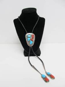 lot 9 image: Wonderful Large Signed EFFIE C Sterling Silver Coral & Turquoise Bolo Tie wSnake Design