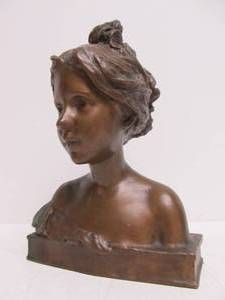 lot 179 image: Signed Antique Art Nouveau Bronze Bust of a Young Woman - J. Berchem, Chicago