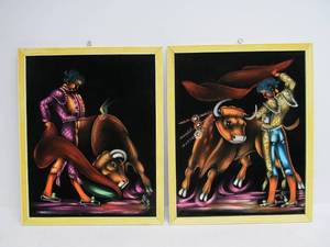 lot 92 image: Pair of Mid Century Black Velvet Matador Paintings