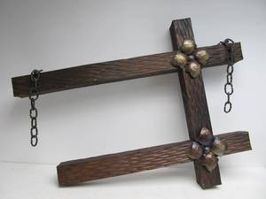 lot 98 image: LARGE Vintage Thick Wood Beam Wall Hanging wBrass Decoration