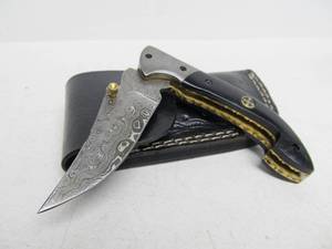 lot 104 image: Excellent Custom Inlaid Folding Knife wDamascus Steel Blade